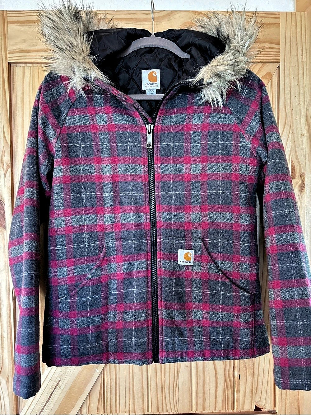 Carhartt Women's Camden Plaid Wool Jacket Camden Plaid Hooded Jacket Gray & Pink